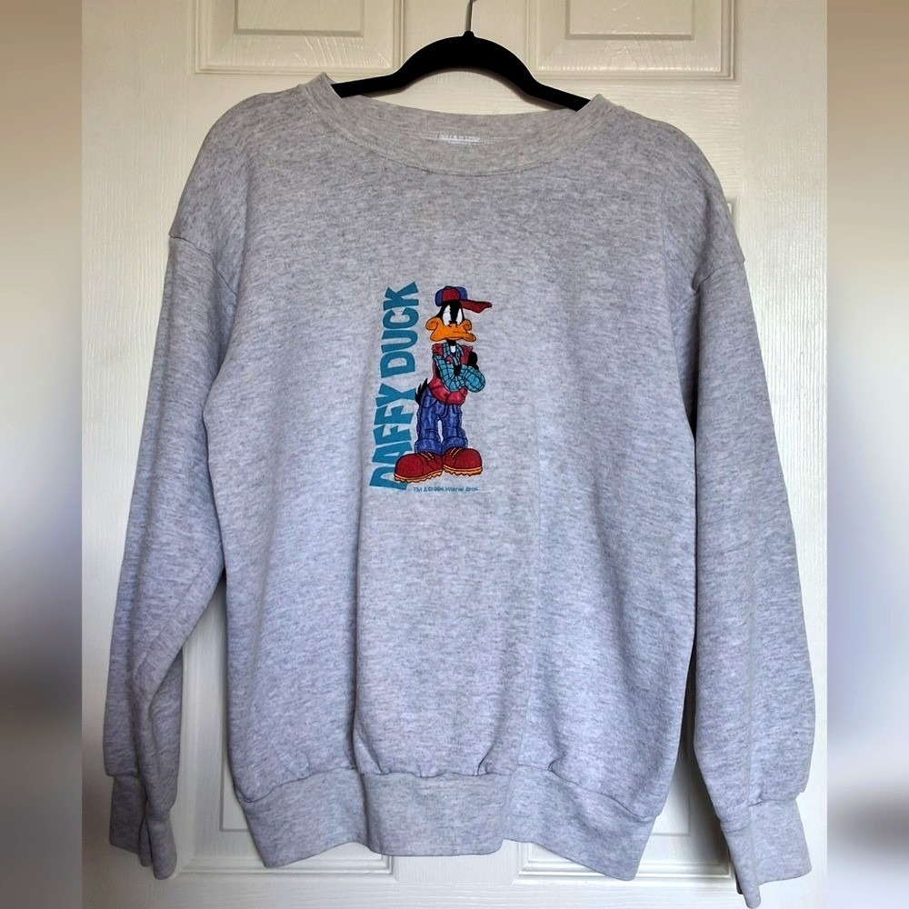 Vintage 1994 Tultex Daffy Duck Embroidered Sweatshirt XL Gray Warner Bros 90s